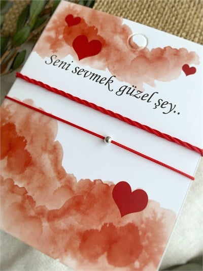 Seni Sevmek Güzel Şey 925 Ayar Gümüş Toplu ve Rin Kırmızı Bileklik Seti