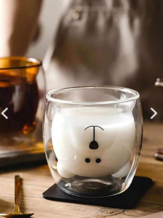 Ayıcık Tasarımlı Çift Cidarlı Cam Kupa, Çift Cidarlı Kulpsuz Cam Kupa