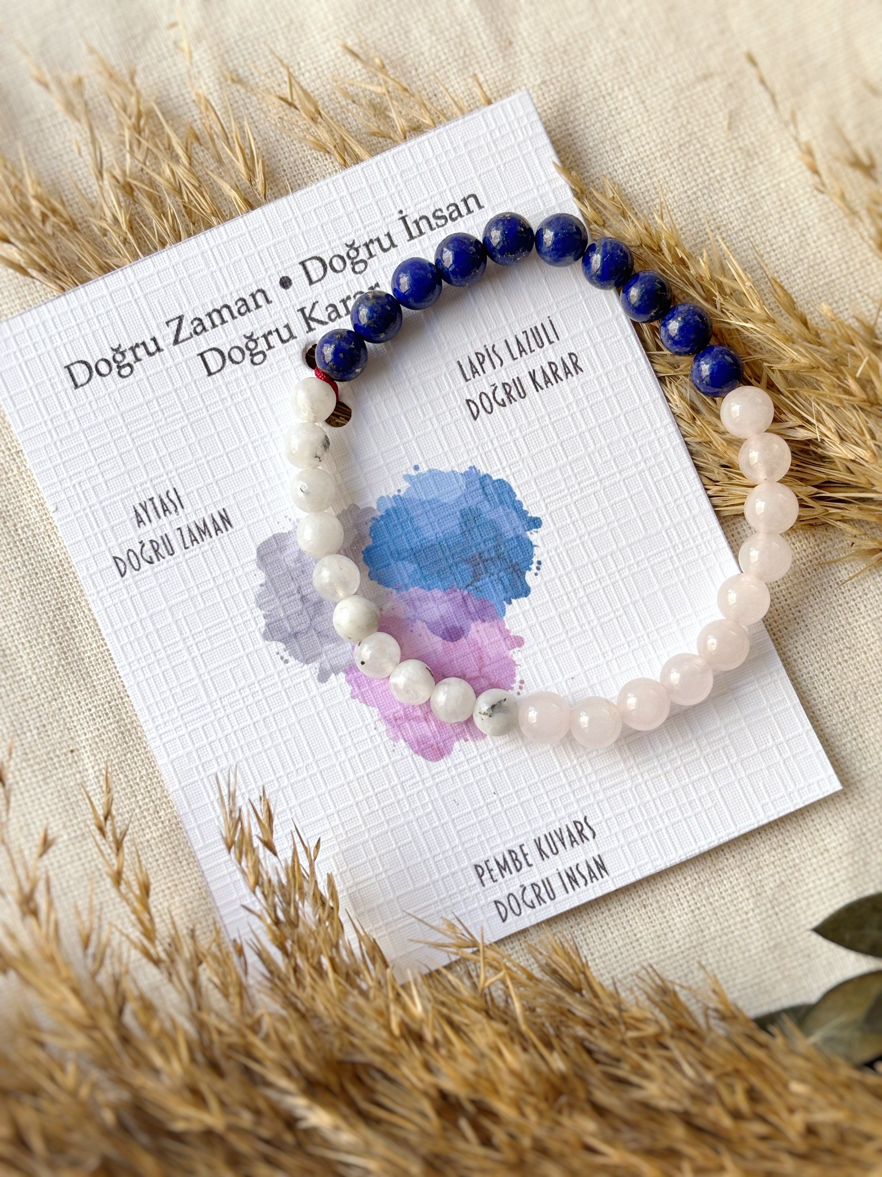 Doğru Zaman Doğru İnsan Doğru Karar – Ay Taşı, Lapis Lazuli ve Pembe Kuvars Bileklik | Üç Güzel Dilek