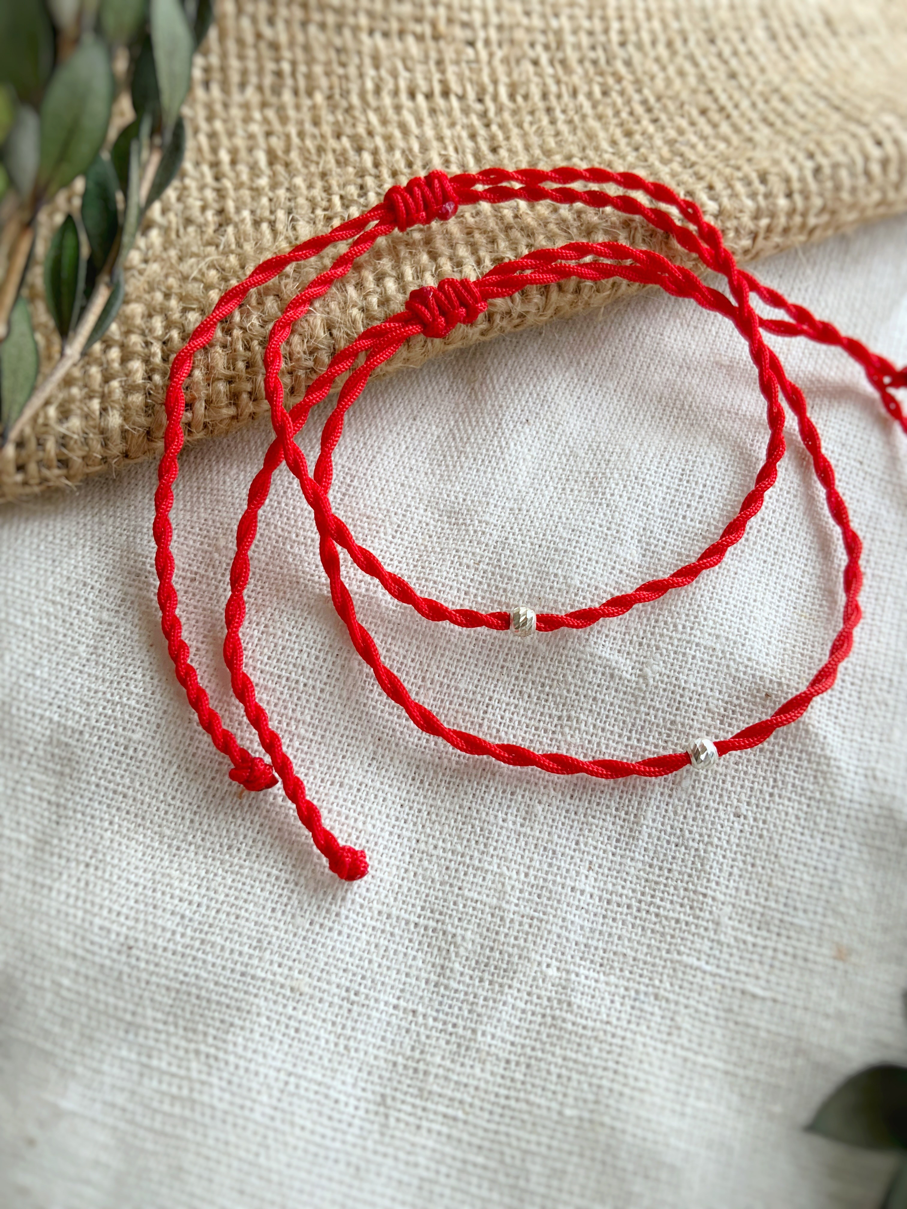 Red String 925 Ayar Gümüş Dorika Toplu 2'li Kırmızı İp Çift Bileklik