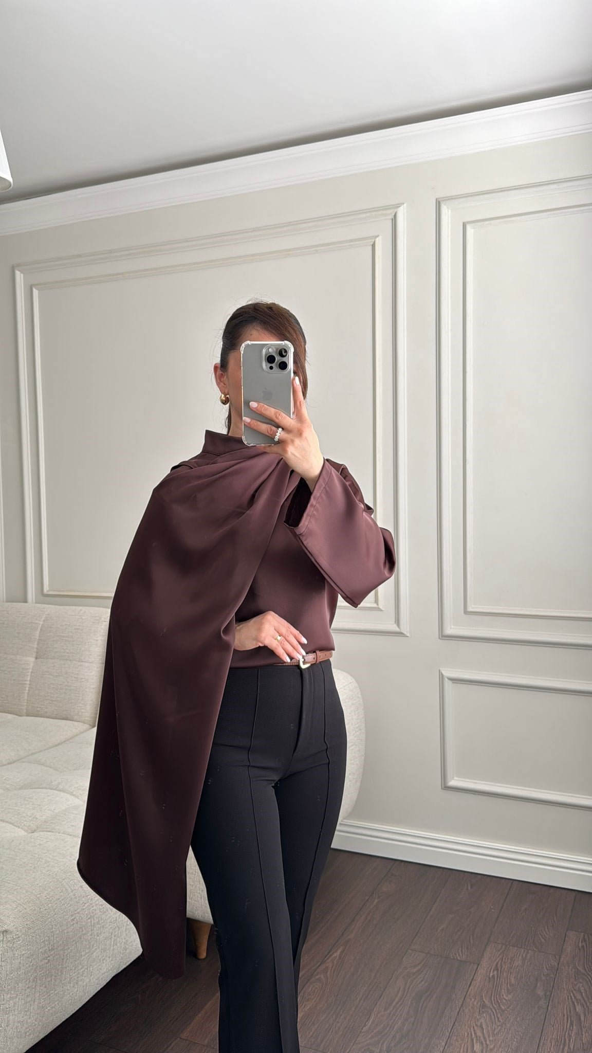 BLUZBüşceSATEN ŞALLI BLUZ KAHVERENGİ