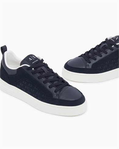 Armani Exchange Erkek Logo Desenli Düşük Bilekli Süet Detaylı Deri Lacivert Sneaker XM003388 AF27475-UB004
