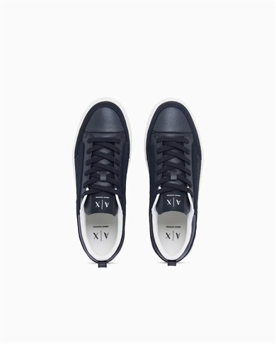 Armani Exchange Erkek Logo Desenli Düşük Bilekli Süet Detaylı Deri Lacivert Sneaker XM003388 AF27475-UB004