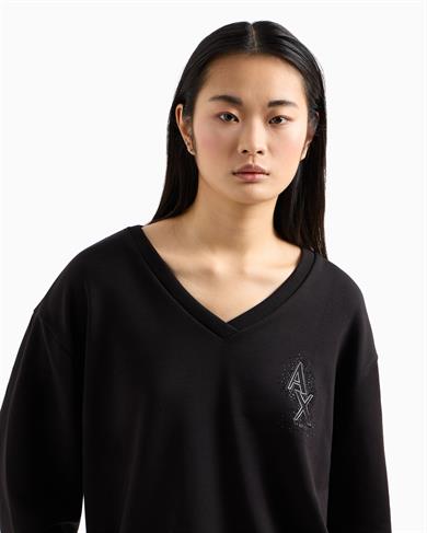 Armani Exchange Kadın Rahat Kalıp V Yaka Yapay Elmas İşlemeli AX Logolu Uzun Kollu Siyah Sweatshirt XW000093 AF10804-UC001