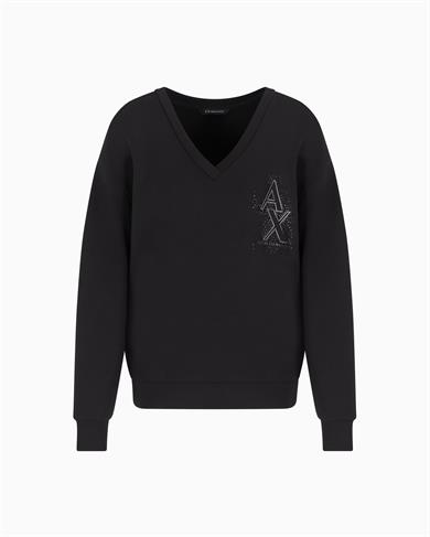 Armani Exchange Kadın Rahat Kalıp V Yaka Yapay Elmas İşlemeli AX Logolu Uzun Kollu Siyah Sweatshirt XW000093 AF10804-UC001