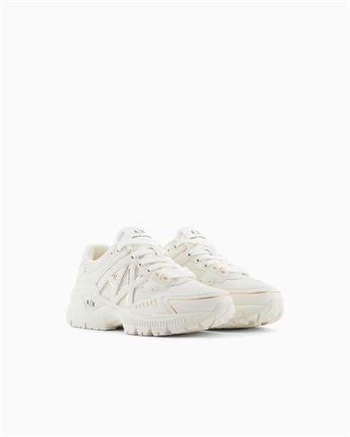 Armani Exchange Kadın Rahat Yüksek Taban AX Logolu Üstü nefes Alabilir Fileli Beyaz-Altın Sneaker XDX195 XV944-Q308