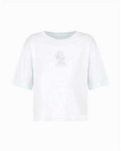 Armani Exchange Kadın Normal Kalıp Yapay Elmas İşlemeli %100 Pamuklu Crop Ekru T-Shirt XW000102 AF10359-U9093