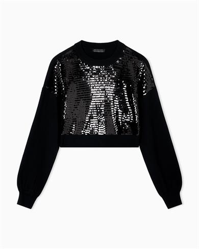 Armani Exchange Kadın Normal Kalıp Önü Pul Payet Desenli Yuvarlak Yaka Uzun Kollu Siyah Kazak XW001326 AF16682-MC117