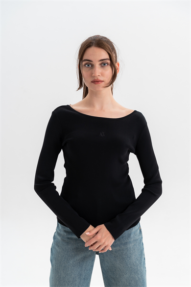 Armani Exchange Kadın Dar Kalıp Nervürlü Yuvarlak Yakalı Uzun Kollu Siyah Kazak XW001447 AF10352-UC001