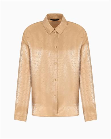 Armani Exchange Kadın Uzun Kollu Düğme Kapamalı Parlak Kumaş AX Yazı Desenli Bej Gömlek XW000567 AF12055-F1018