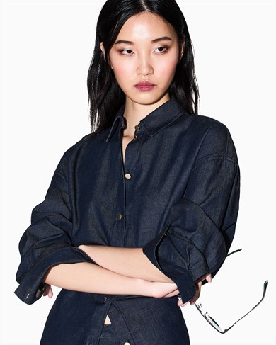 Armani Exchange Kadın Nefes Alabilen Hafif Kumaş Rahat Kesim Uzun Kollu Lacivert Gömlek XW002258 AF21337-MB001