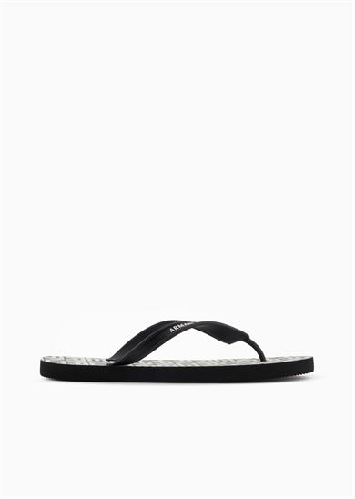 Armani Exchange Erkek Düz ve Rahat Taban Marka Logo Dokulu Parmak Arası Siyah-Beyaz Terlik XUQ002 XV676-N814