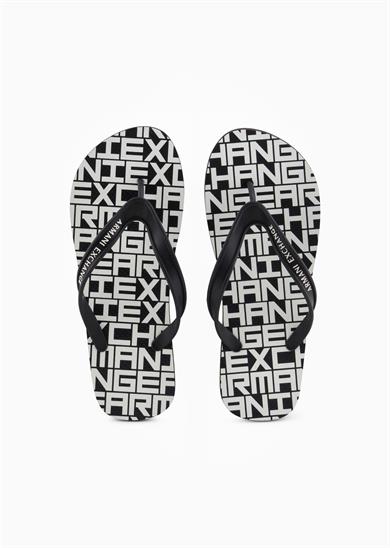 Armani Exchange Erkek Düz ve Rahat Taban Marka Logo Dokulu Parmak Arası Siyah-Beyaz Terlik XUQ002 XV676-N814