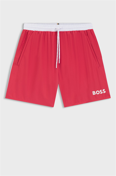 BOSS Erkek Beli Lastikli Logo Detaylı Normal Kesim Çabuk Kuruyan Kumaşlı Kırmızı Deniz Şortu 50514429-609