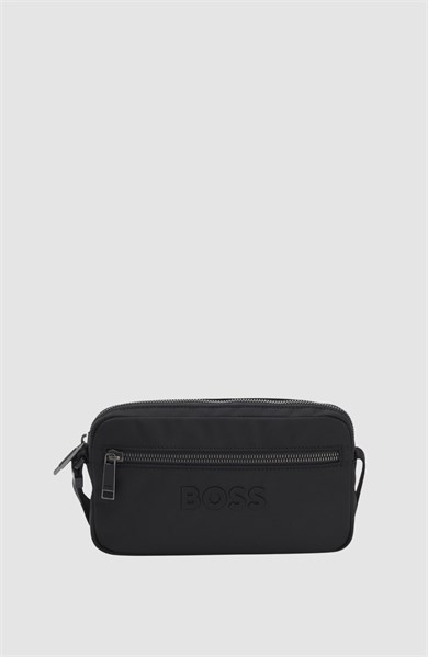 BOSS Erkek Dayanıklı Elmas Desenli Logo İmzalı Çapraz Askılı Fermuarlı Siyah Omuz Çantası 50567752-001