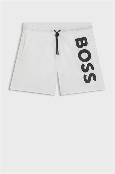 BOSS Erkek Logo Baskılı Hızlı Kuruyan Kumaş Beli İp Bağlamalı Beyaz Mayo 50514502-100