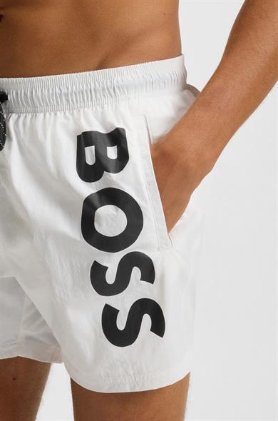 BOSS Erkek Logo Baskılı Hızlı Kuruyan Kumaş Beli İp Bağlamalı Beyaz Mayo 50514502-100