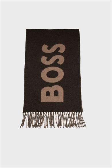 BOSS Erkek Monogram Logo Desenli Kontrast Püsküllü Kahverengi Şal & Eşarp & Fular 50527099-346