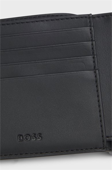 BOSS Erkek Monogram Logo Detaylı Çoklu Kart Bölmeli Hakiki Deri Siyah Cüzdan 50563665-002