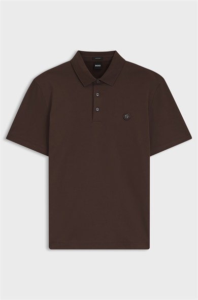BOSS Erkek Monogram Logo Kabartmalı Normal Kalıp Yumuşak Pamuklu Kısa Kollu Kahverengi Polo Yaka T-Shirt 50555829-209
