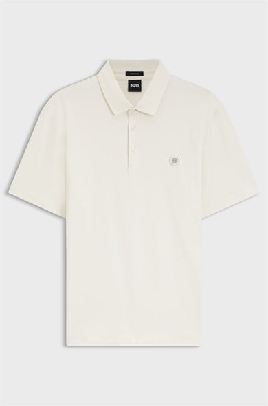 BOSS Erkek Monogram Logo Kabartmalı Normal Kalıp Yumuşak Pamuklu Kısa Kollu Ekru Polo Yaka T-Shirt 50555829-118