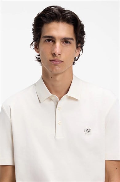 BOSS Erkek Monogram Logo Kabartmalı Normal Kalıp Yumuşak Pamuklu Kısa Kollu Ekru Polo Yaka T-Shirt 50555829-118