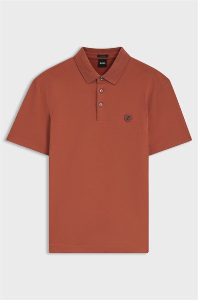 BOSS Erkek Monogram Logo Kabartmalı Normal Kalıp Yumuşak Pamuklu Kısa Kollu Turuncu Polo Yaka T-Shirt 50555829-608