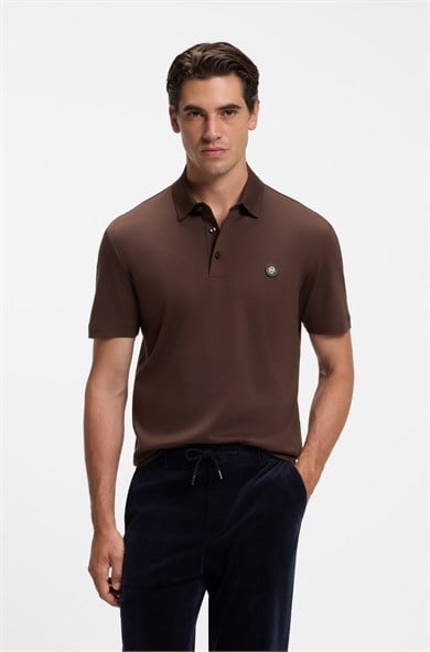 BOSS Erkek Monogram Logo Kabartmalı Normal Kalıp Yumuşak Pamuklu Kısa Kollu Kahverengi Polo Yaka T-Shirt 50555829-209