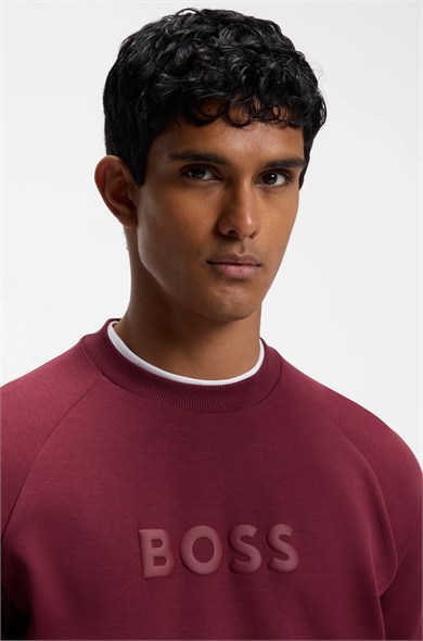 BOSS Erkek Normal Kalıp Logo Baskılı Pamuklu Uzun Kollu Bordo T-Shirt 50565307-654