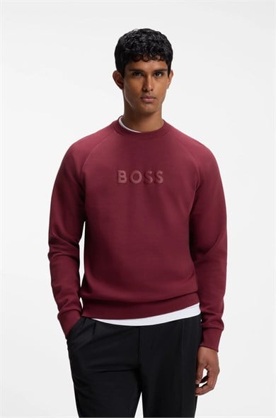 BOSS Erkek Normal Kalıp Logo Baskılı Pamuklu Uzun Kollu Bordo T-Shirt 50565307-654