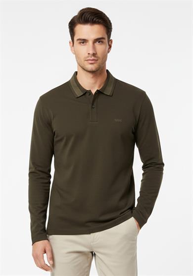 BOSS Erkek Normal Kalıp Logo İşlemeli %100 Pamuklu Uzun Kollu Haki Polo Yaka T-Shirt 50549257-342