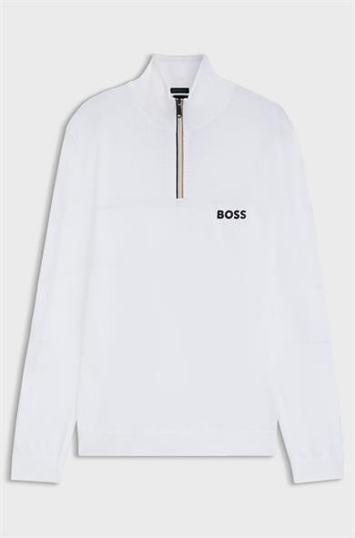 BOSS Erkek Normal Kalıp Su Tutmayan Pamuk Karışımlı Yarım Fermuarlı Beyaz Kazak 50541953-100