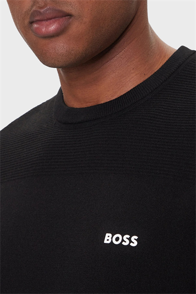 BOSS Erkek Normal Kalıp Yuvarlak Yakalı Nefes Alabilen Yün İçerikli Uzun Kollu Siyah Kazak 50547507-001