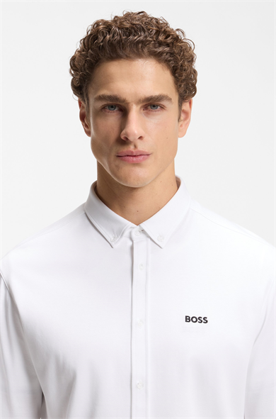BOSS Erkek Normal Kesim Kırışımaya Dayanıklı Esnek Pamuklu Kumaş Uzun Kollu Beyaz Gömlek 50555946-100