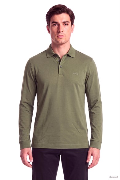 BOSS Erkek Pamuklu Polo Yakalı Düğme Kapamalı Uzun Kollu Haki Polo Yaka T-Shirt 50468392-347