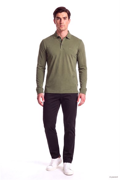 BOSS Erkek Pamuklu Polo Yakalı Düğme Kapamalı Uzun Kollu Haki Polo Yaka T-Shirt 50468392-347