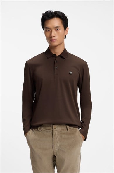 BOSS Erkek Polo Yaka Uzun Kollu Pamuklu Rahat Kesim Kahverengi Polo Yaka T-Shirt 50523917-209