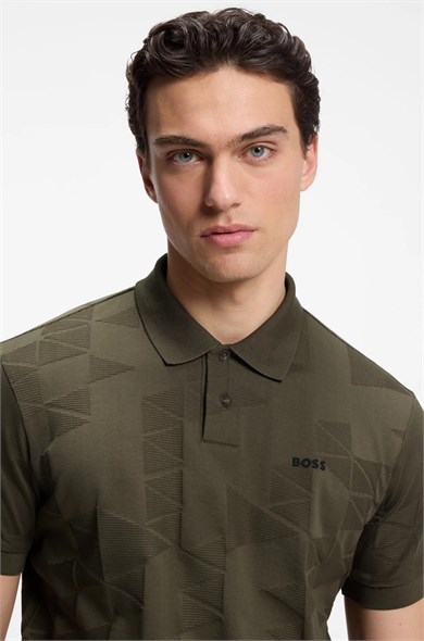 BOSS Erkek Regular Fit Desenli Pamuklu Kısa Kollu Haki Polo Yaka T-Shirt 50563975-398