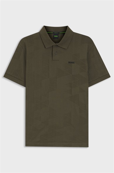 BOSS Erkek Regular Fit Desenli Pamuklu Kısa Kollu Haki Polo Yaka T-Shirt 50563975-398