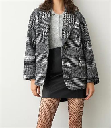 Bsb Kadın Uzun Kol Desenli Düğme Kapama Blazer Gri Ceket 054-214002-GRİ