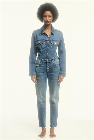 Bsb Kadın Yüksek Bel Düğme Detaylar Slim Fit Dar Paça Mavi Jeans 054-212980-MAVİ