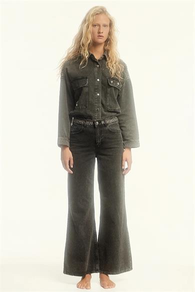 Bsb Kadın Yüksek Bel Geniş Paça Denim Kumaş Cepli Siyah Pantolon 054-212941-BLACK