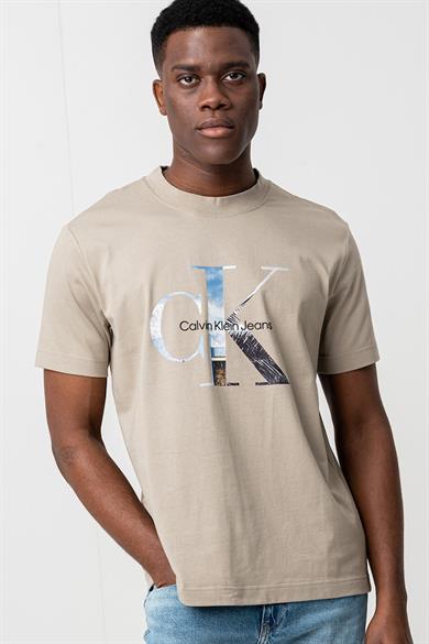 Calvin Klein Erkek Kısa Kol CK Yazı Detay Bisiklet Yaka Bej T-Shirt J30J327483-PAH