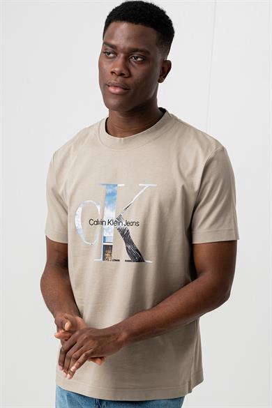 Calvin Klein Erkek Kısa Kol CK Yazı Detay Bisiklet Yaka Bej T-Shirt J30J327483-PAH