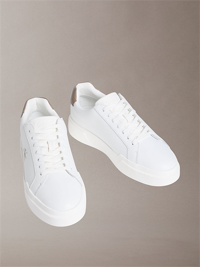 Calvin Klein Erkek Logo Kabartmalı Düşük Bilekli %100 Deri Beyaz-Kahverengi Sneaker YM0YM01344-05O