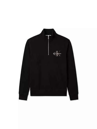 Calvin Klein Erkek Regular Fit Pamuklu Dik Yaka Yarım Fermuarlı Logolu Uzun Kollu Siyah Sweatshirt LV04RG280G-UB1