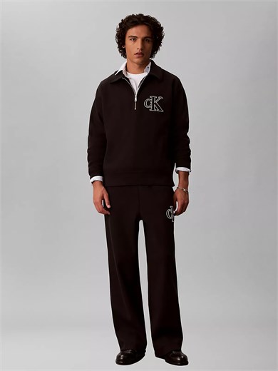 Calvin Klein Erkek Regular Fit Çift Örme Fitilli Kumaş Fermuarlı Polo Yaka Uzun Kollu Siyah Sweatshirt LV04RH216G-UB1
