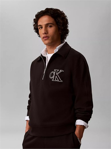 Calvin Klein Erkek Regular Fit Çift Örme Fitilli Kumaş Fermuarlı Polo Yaka Uzun Kollu Siyah Sweatshirt LV04RH216G-UB1