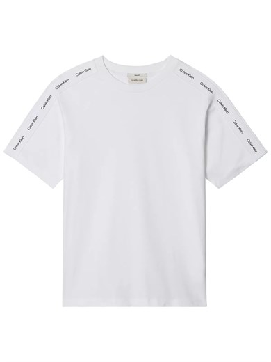 Calvin Klein Erkek Regular Fit Yuvarlak Yakalı Omuzları Şerit Çizgili Kısa Kollu Beyaz T-Shirt LV04RH201G-YAF