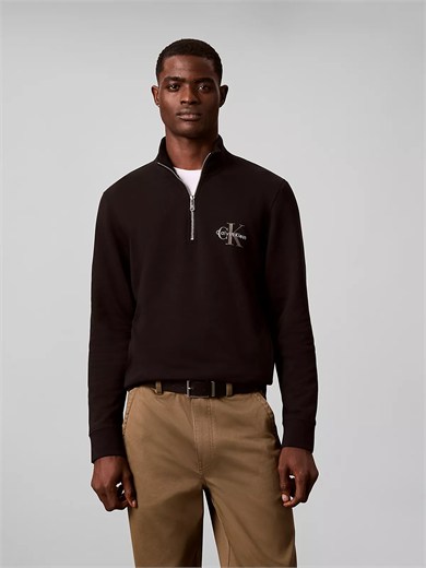 Calvin Klein Erkek Regular Fit Pamuklu Dik Yaka Yarım Fermuarlı Logolu Uzun Kollu Siyah Sweatshirt LV04RG280G-UB1